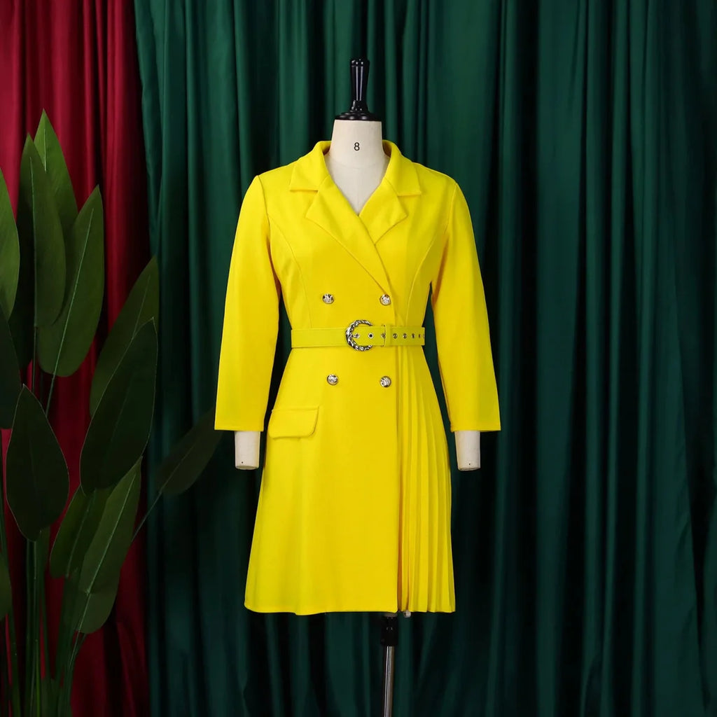 Elegant SHOWLU Double Breasted Blazer Dress with pleated design, notched collar, and full sleeves for stylish autumn wear.