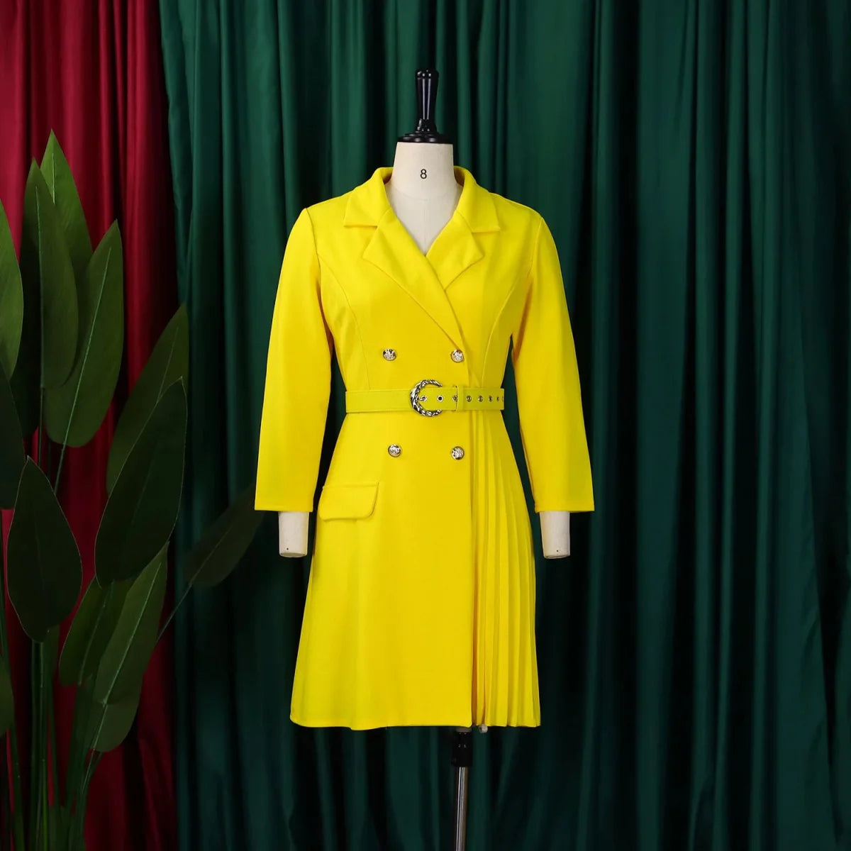 Elegant SHOWLU Double Breasted Blazer Dress with pleated design, notched collar, and full sleeves for stylish autumn wear.