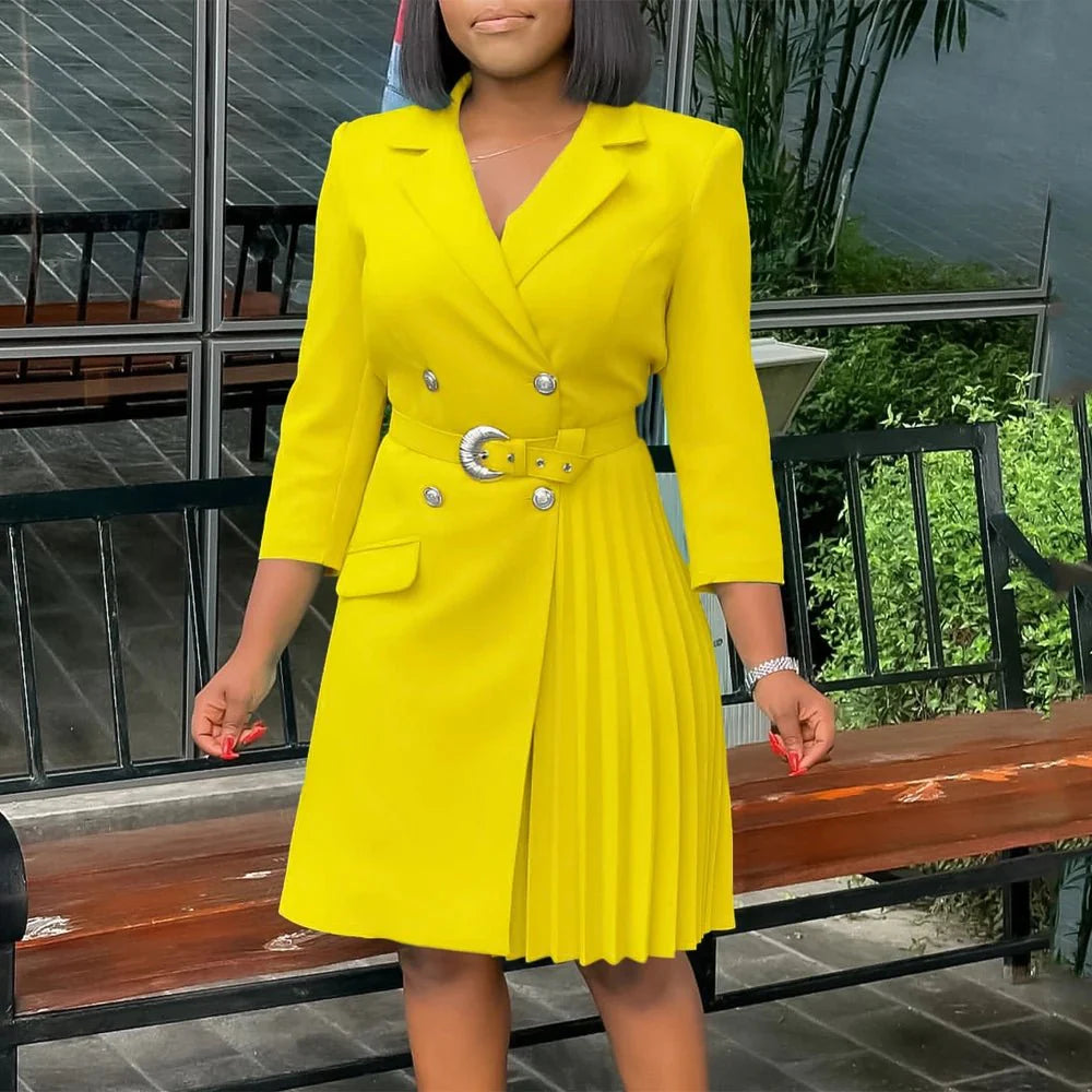 Elegant SHOWLU Fashion Store double-breasted blazer dress with pleated skirt, notched collar, and full sleeves for women.