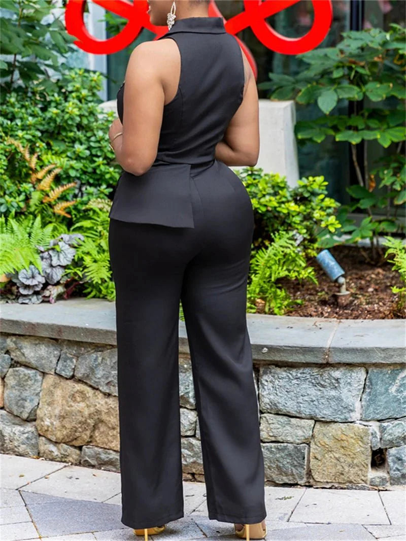 Women's sleeveless V-neck blazer jumpsuit with straight-leg pants, stylish summer romper by SHOWLU FASHION STORE.