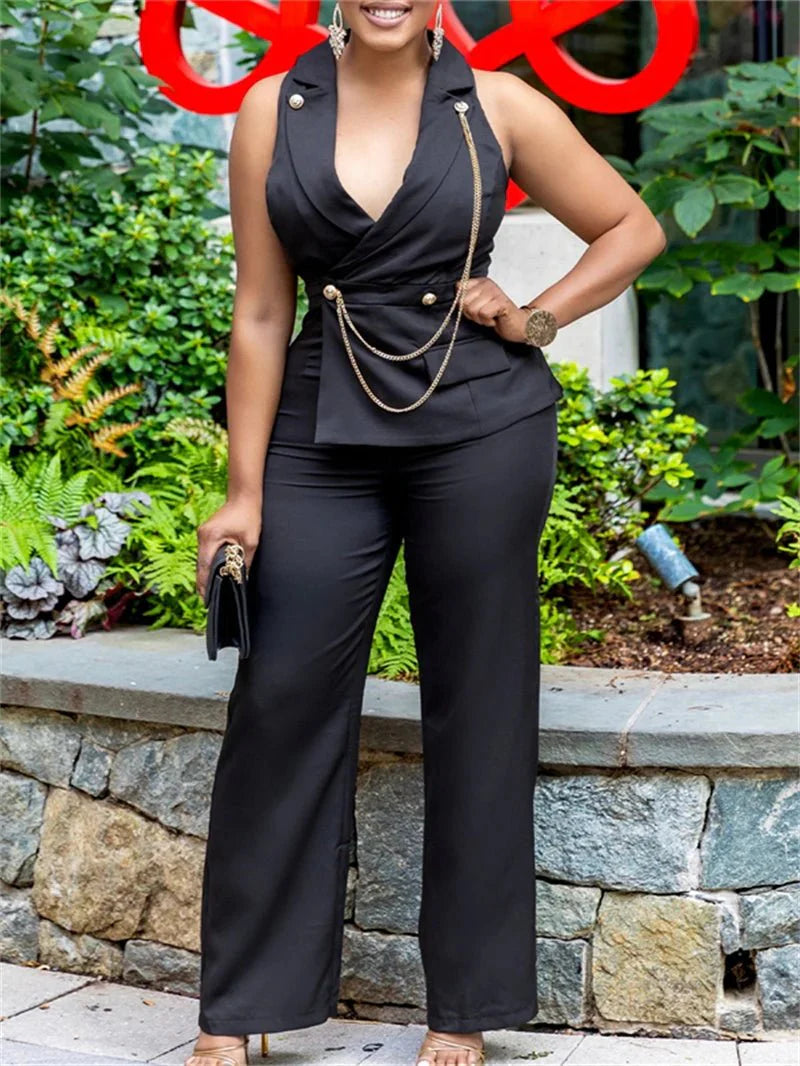 Elegant sleeveless V-neck blazer jumpsuit for women with straight-leg pants, stylish summer romper by SHOWLU FASHION STORE.