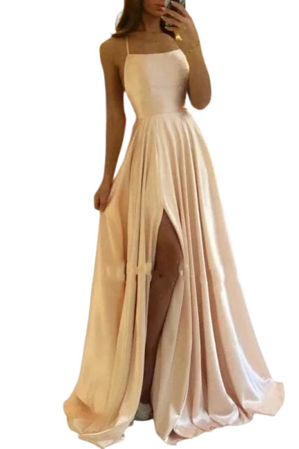 Elegant blue satin A-line evening gown with spaghetti straps and a sexy slit, designed by Showlu Fashion.