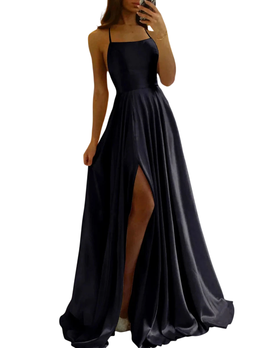 Elegant blue satin A-line evening gown with a sexy slit and spaghetti straps from Showlu Fashion.