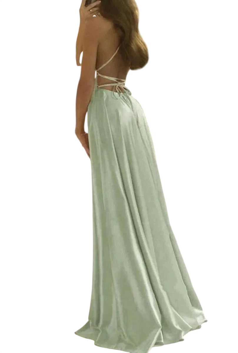 Elegant blue satin evening gown with an A-line silhouette, spaghetti straps, and a sexy slit from Showlu Fashion Store.