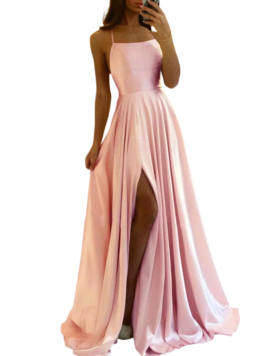 Elegant blue satin A-line evening gown with spaghetti straps and a sexy slit, showcasing a sophisticated and stylish look.