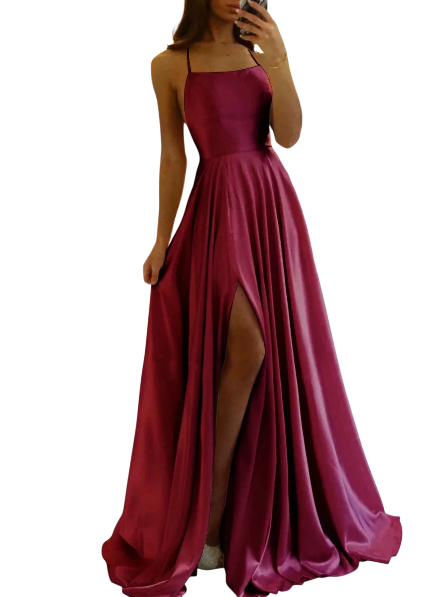 Elegant blue satin A-line evening gown with spaghetti straps and a sexy slit, perfect for formal occasions.
