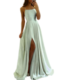 Elegant blue satin A-line evening gown by Showlu Fashion with a sexy slit and spaghetti straps, perfect for formal occasions.