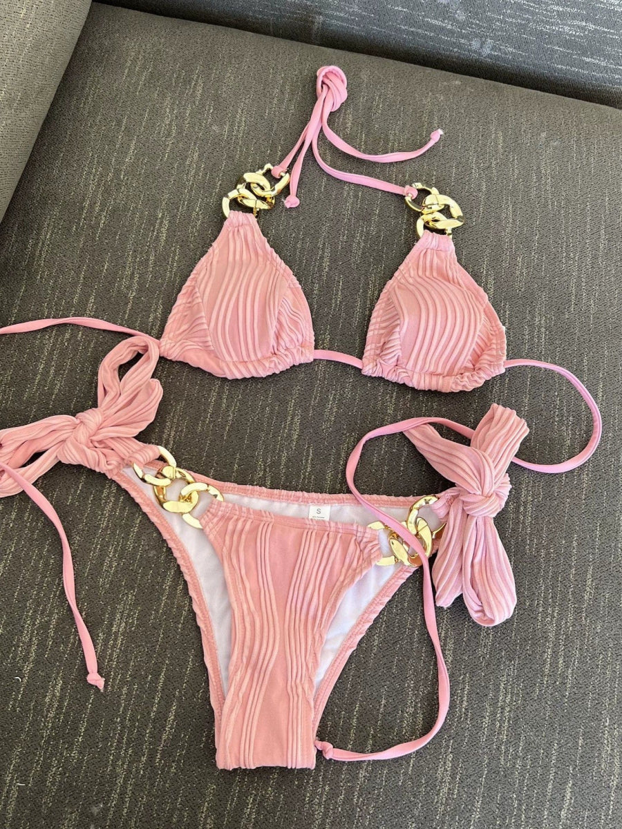 Elegant solid color triangle bikini with chain accents from Showlu Fashion, featuring sleek chain link details and a stylish fit.