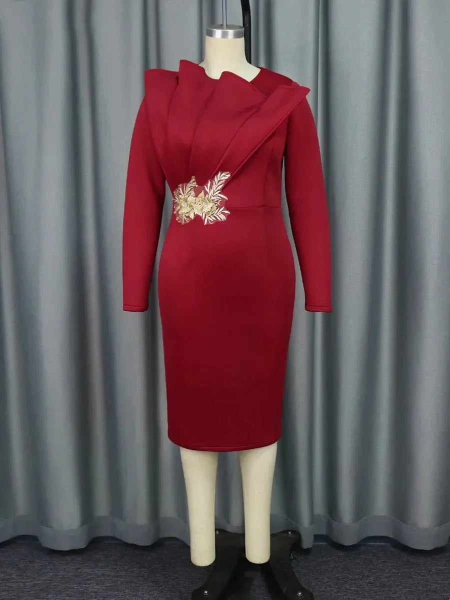 Elegant SHOWLU FASHION women's lace applique bodycon dress with long sleeves, perfect for church, wedding, or special occasions.