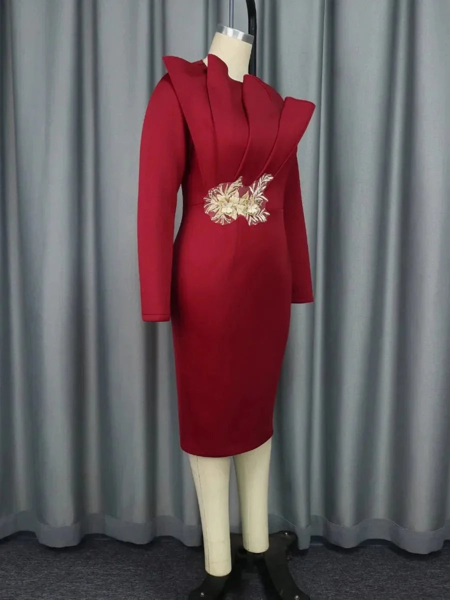 Elegant SHOWLU FASHION women's lace applique bodycon dress with long sleeves, suitable for church, wedding, or party occasions.