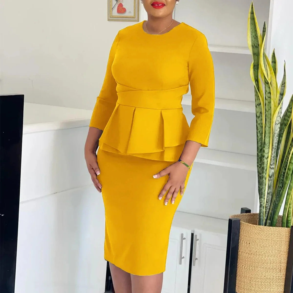 Aimei women's peplum church dress with 3/4 sleeves, modest sheath style, designed for elegant office and church wear.