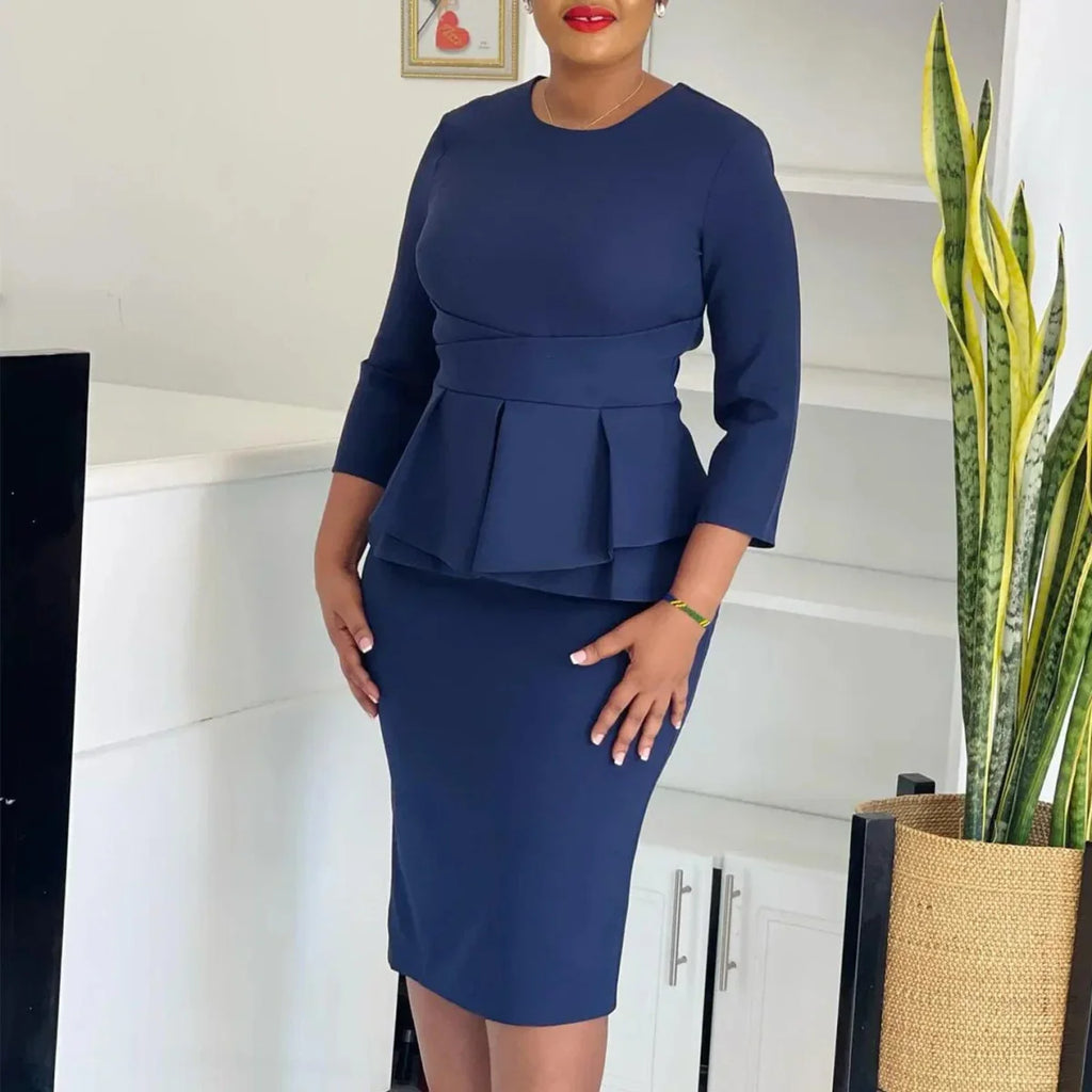 Aimee Women's Peplum Church Dress with 3/4 sleeves, modest sheath style, black fabric, suitable for office and special occasions.