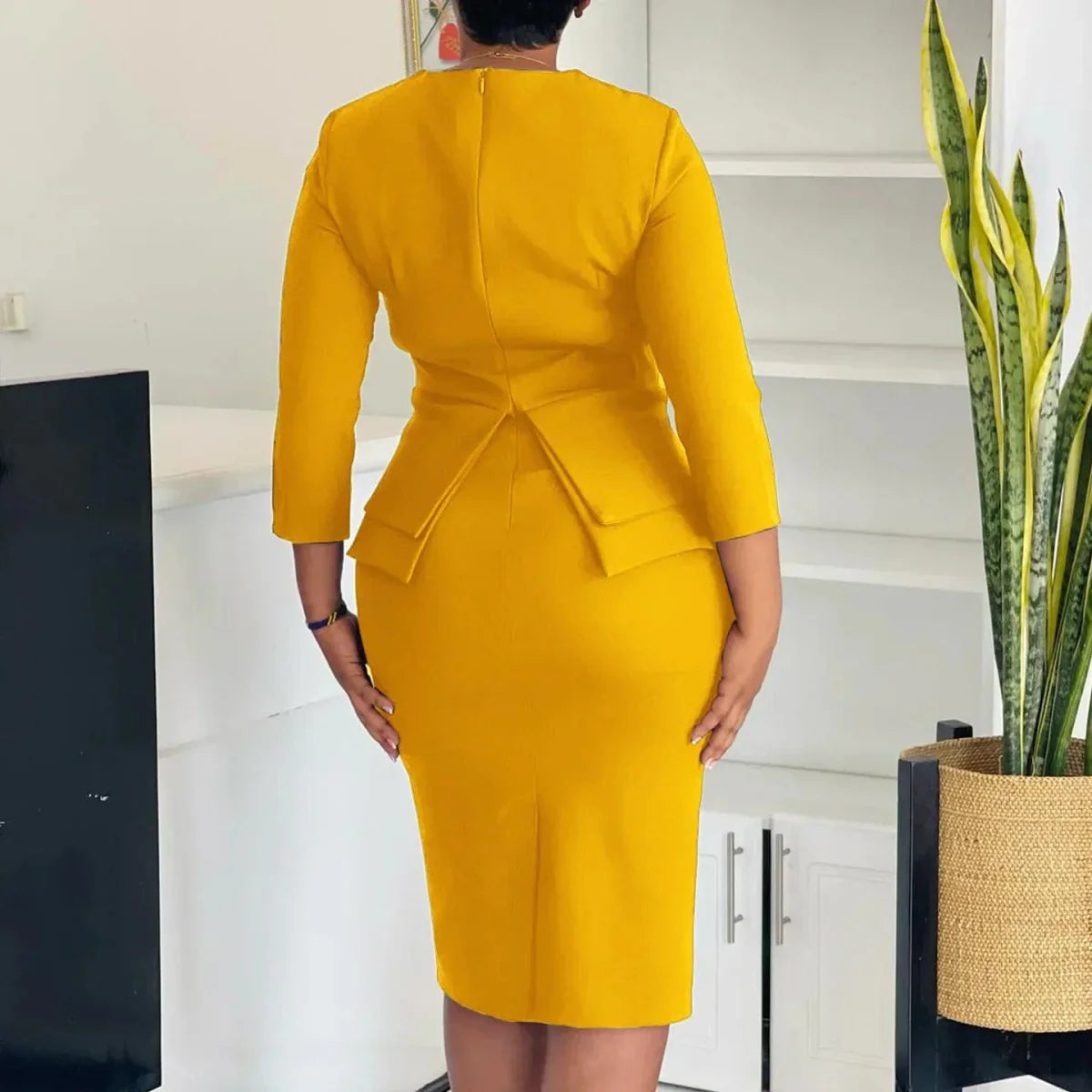 AOMEI Women's Peplum Church Dress with 3/4 sleeves, modest sheath style, black fabric, suitable for church or office wear