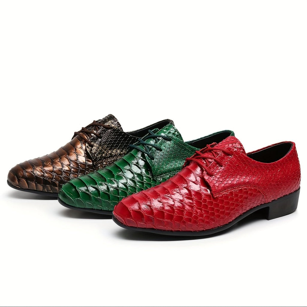 Elegant men's pointed toe crocodile pattern loafers with lace-up design, soft rubber sole, perfect for office or formal occasions.