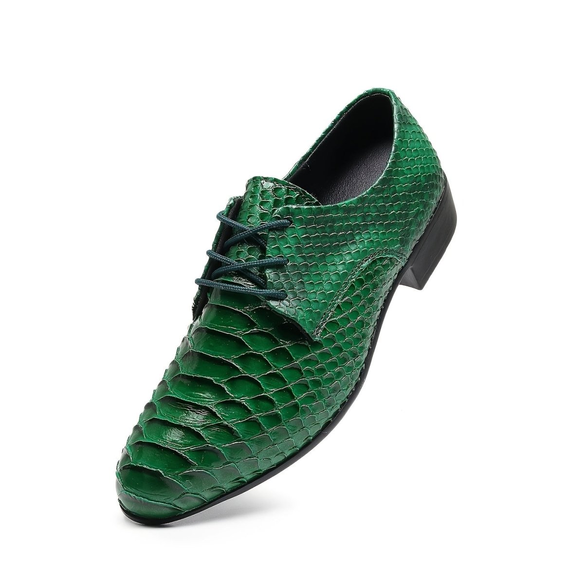 SHOWLU Men's pointed toe crocodile pattern leather loafers with lace-up closure and soft rubber sole, ideal for formal office wear.