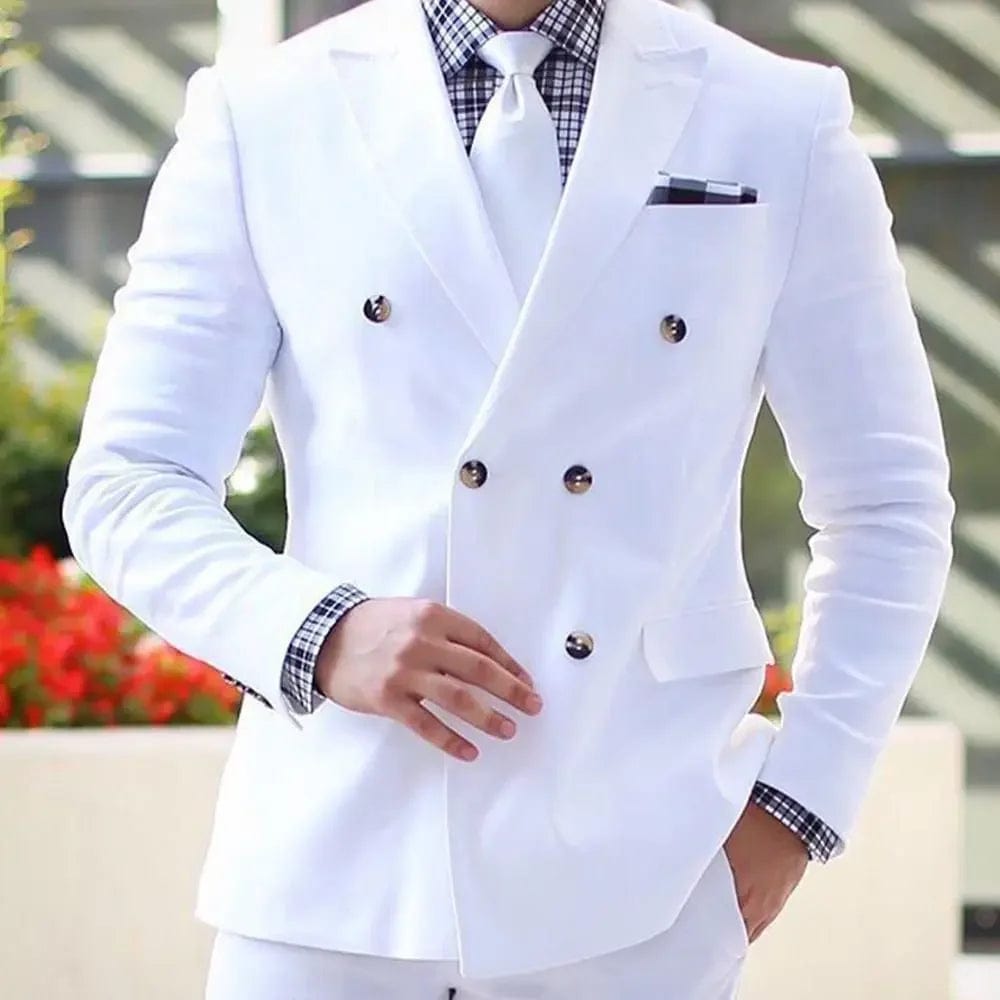 Elegant Double Breasted White Wedding Suits for Men Formal Peak Lapel Chic Blazer Groom Custom Outfits 2 Piece Jacket Pants Set - SHOWLU FASHION STORE