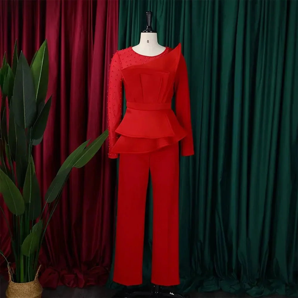 Beaded high-waisted women's jumpsuit with straight leg fit, round neckline, full sleeves, perfect for parties and special occasions.