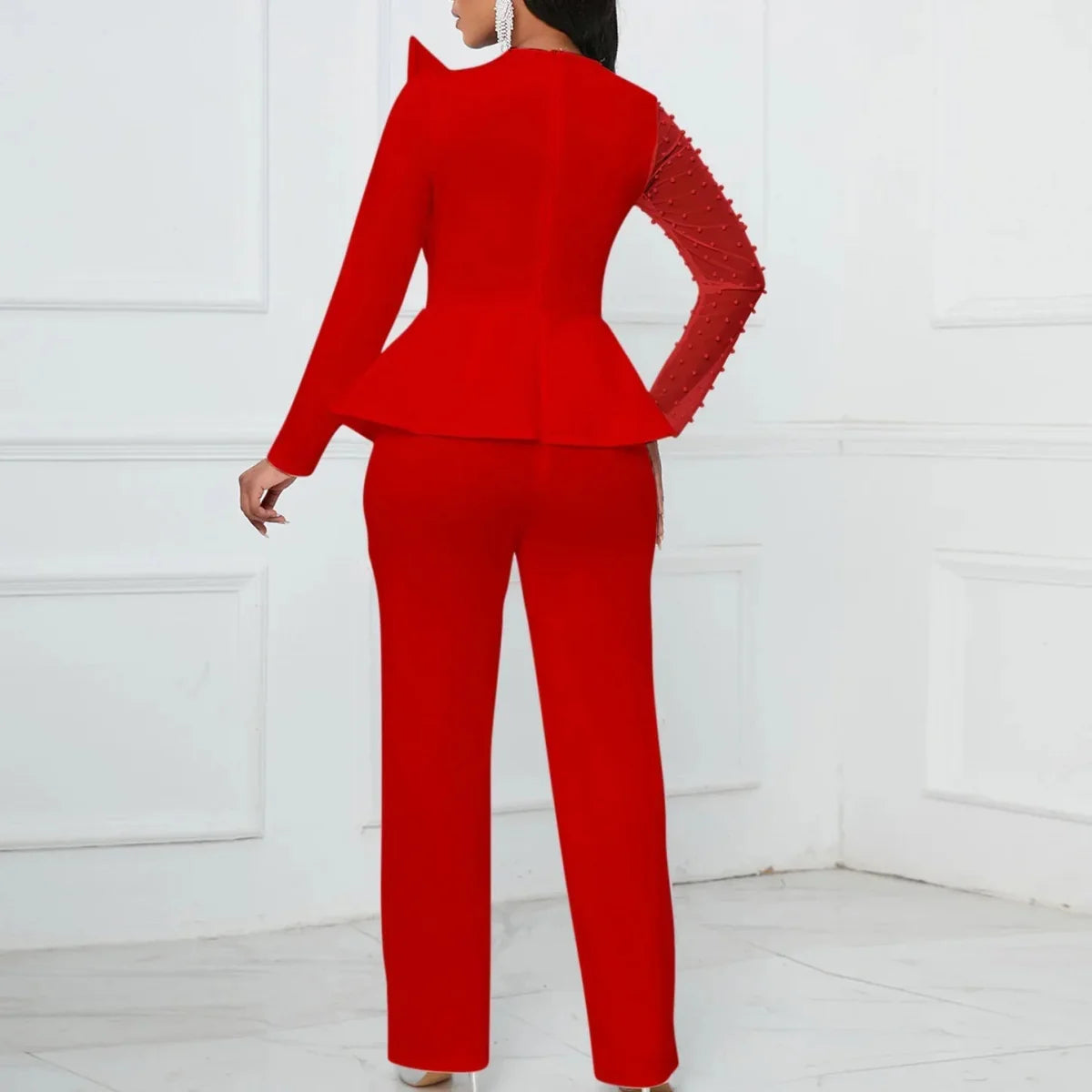Elegant women's beaded high-waisted straight-leg jumpsuit with round neck and full sleeves, perfect for parties and special occasions.