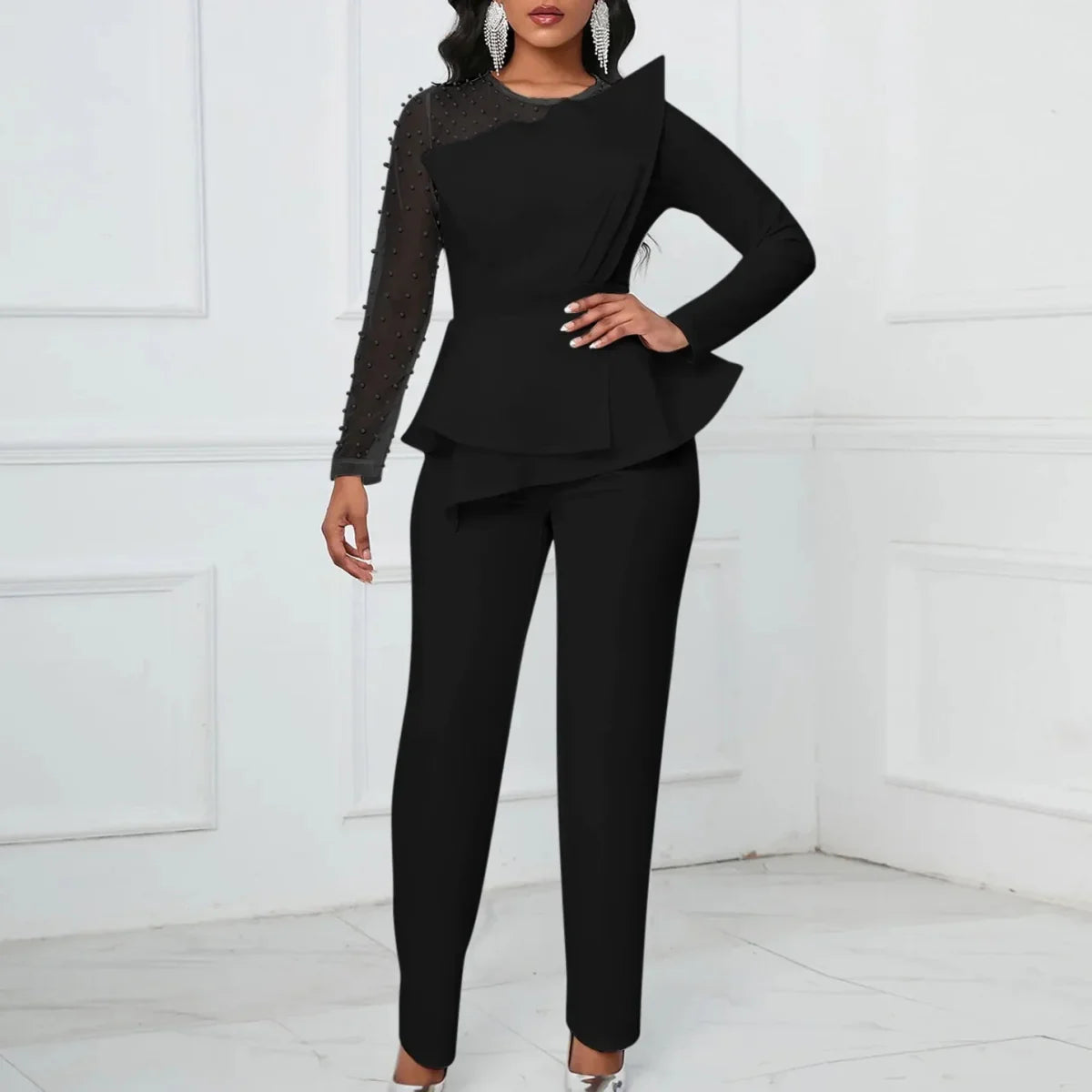 Elegant women's beaded high-waisted straight-leg jumpsuit with round neck and full sleeves, perfect for parties and special occasions.
