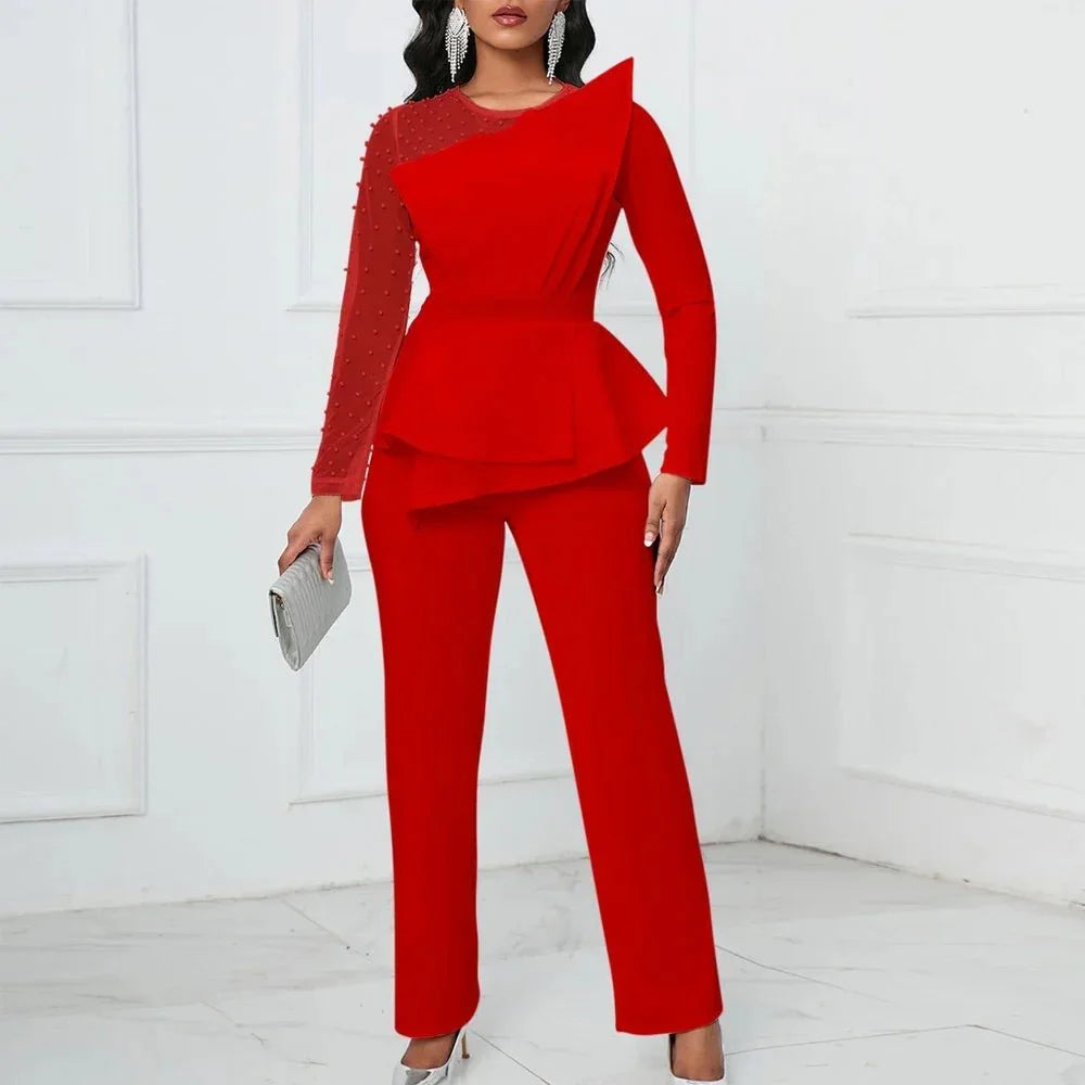 Elegant women's beaded high-waisted jumpsuit by SHOWLU FASHION STORE featuring a round neckline, full sleeves, and straight-leg fit.