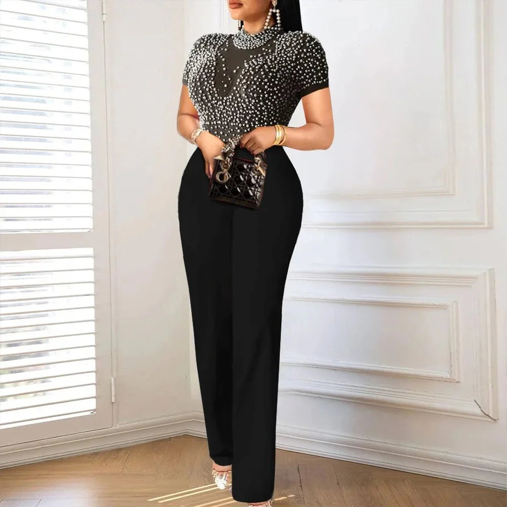Elegant women's beaded high-waisted jumpsuit by SHOWLU FASHION STORE, perfect for luxury parties and special occasions.