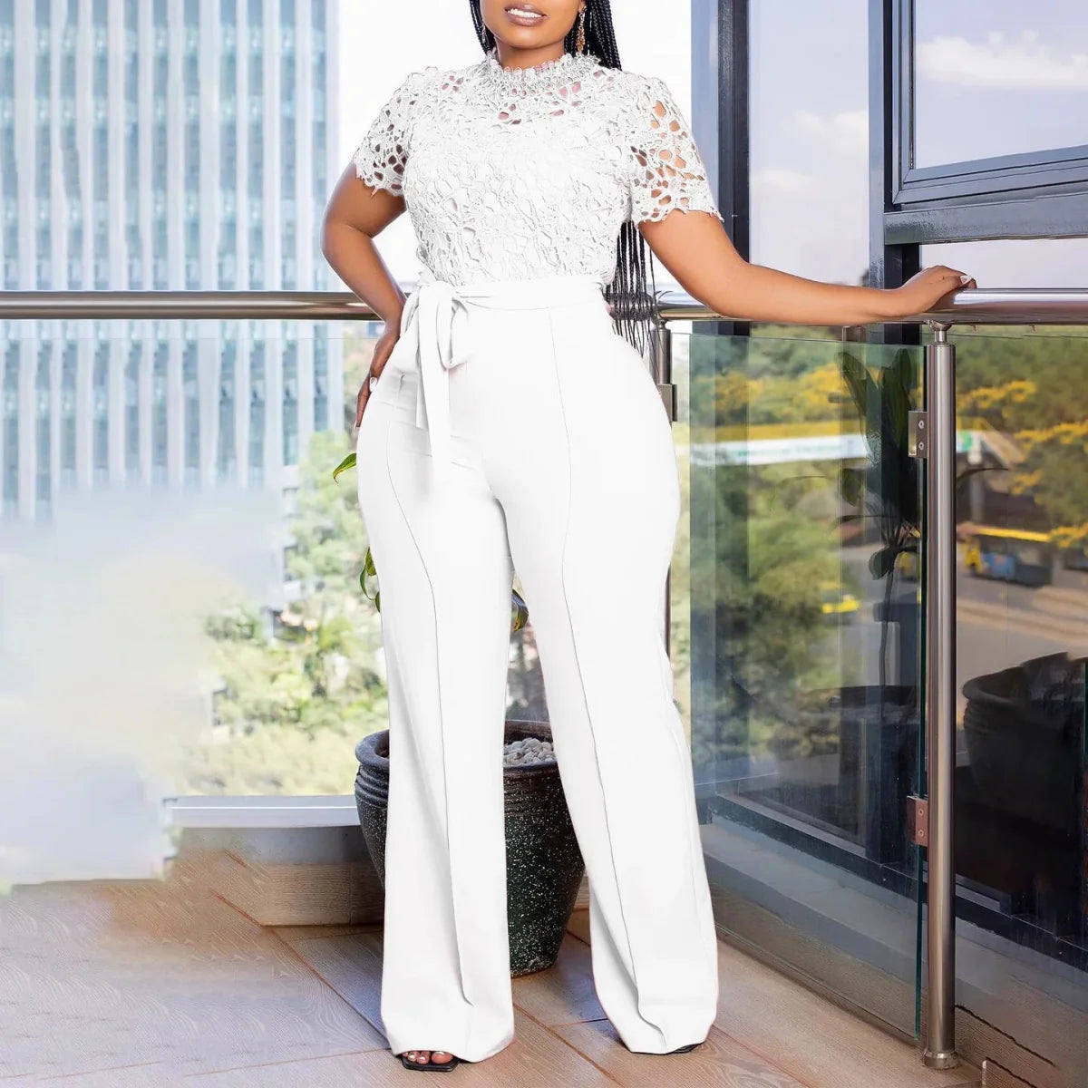Elegant SHOWLU Women's lace patchwork jumpsuit with high waist, short sleeves, and sash, ideal for parties and dinners.