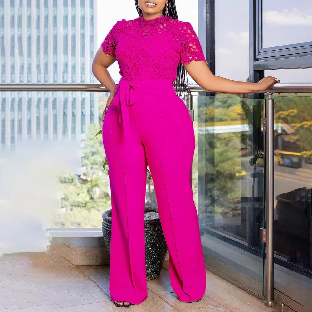 Elegant SHOWLU Women's lace patchwork jumpsuit with O-neck, short sleeves, sash details, perfect for parties and special occasions.