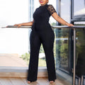 Elegant SHOWLU Women's lace patchwork jumpsuit with O-neck, short sleeves, sash details, perfect for parties and special occasions.