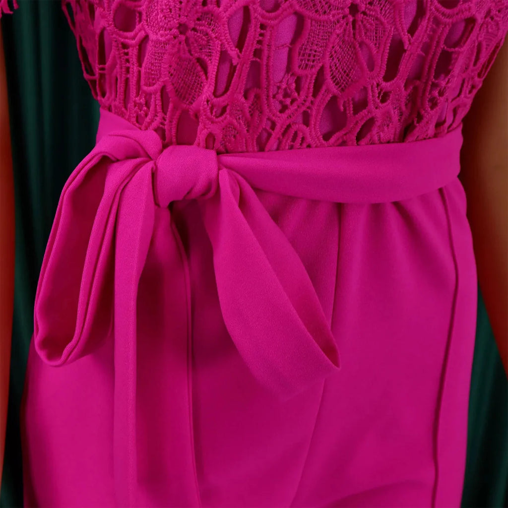 Elegant SHOWLU Women's lace patchwork jumpsuit with O-neck, short sleeves, sash, perfect for parties and special occasions.