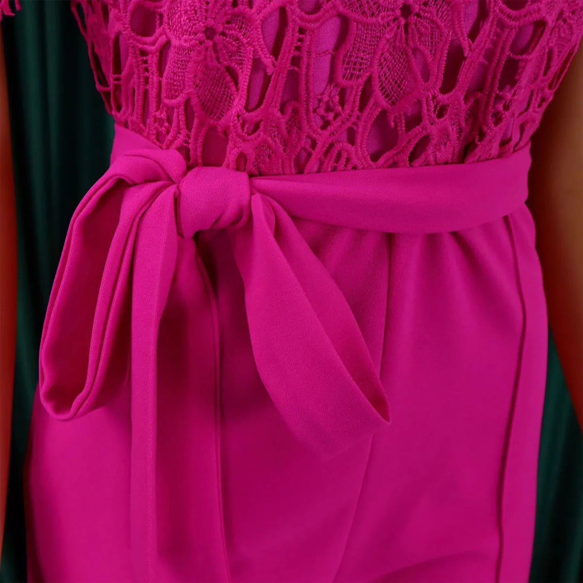 Elegant SHOWLU Women's lace patchwork jumpsuit with O-neck, short sleeves, sash, perfect for parties and special occasions.