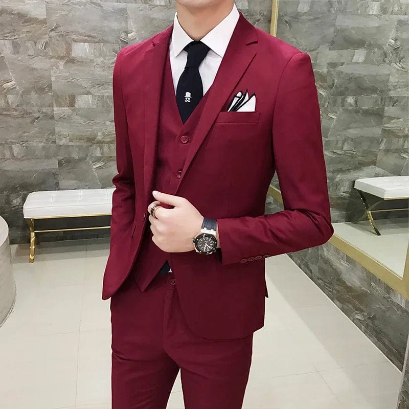Elegant men's slim fit business suit with blazer, vest, and pants, ideal for smart casual and wedding occasions.