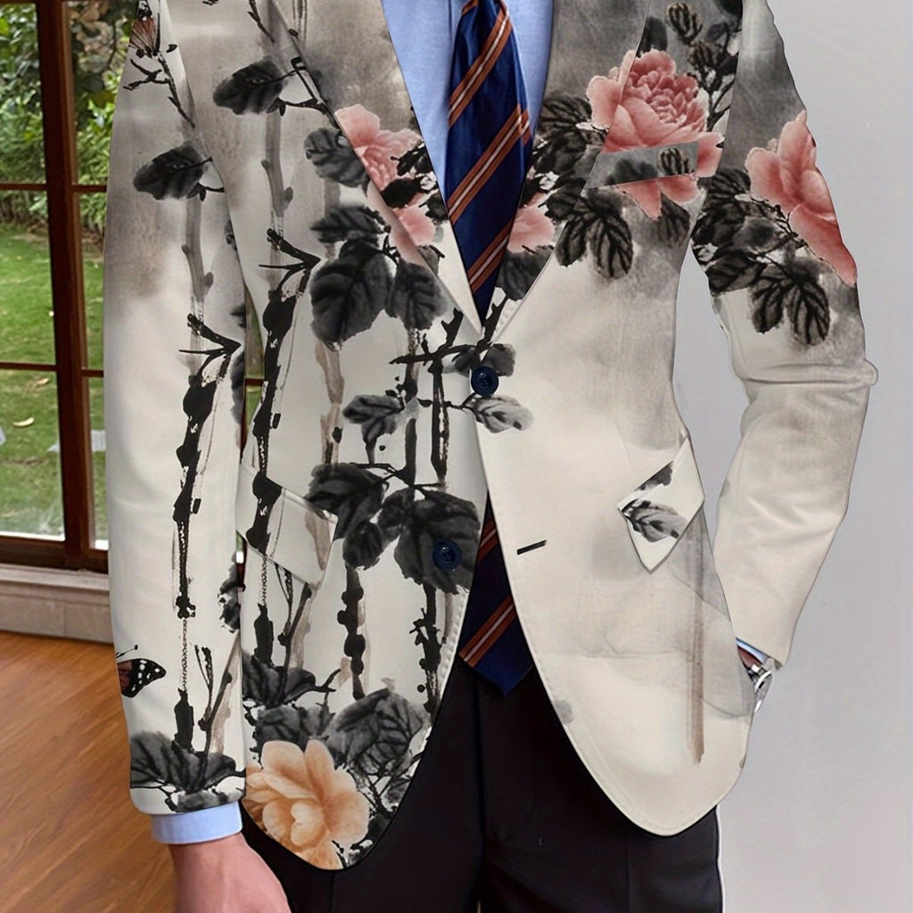Men's floral print blazer by SHOWLU FASHION, slim fit single-breasted jacket with long sleeves, suitable for casual or formal wear.