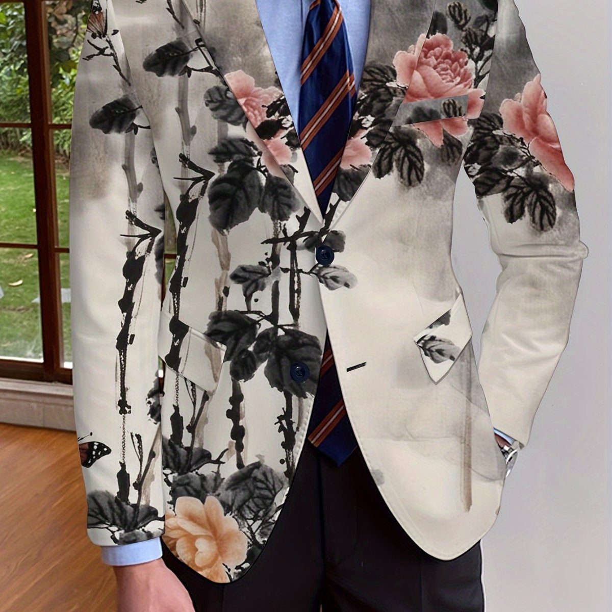 Men's floral print blazer by SHOWLU FASHION, slim fit single-breasted jacket with long sleeves, suitable for casual or formal wear.