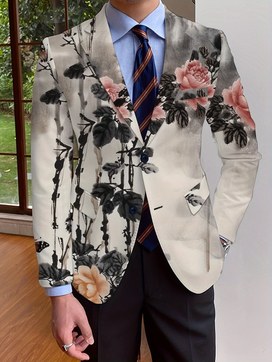 Men's floral print blazer by SHOWLU FASHION, slim fit, single-breasted suit jacket with long sleeves, suitable for casual and formal wear.