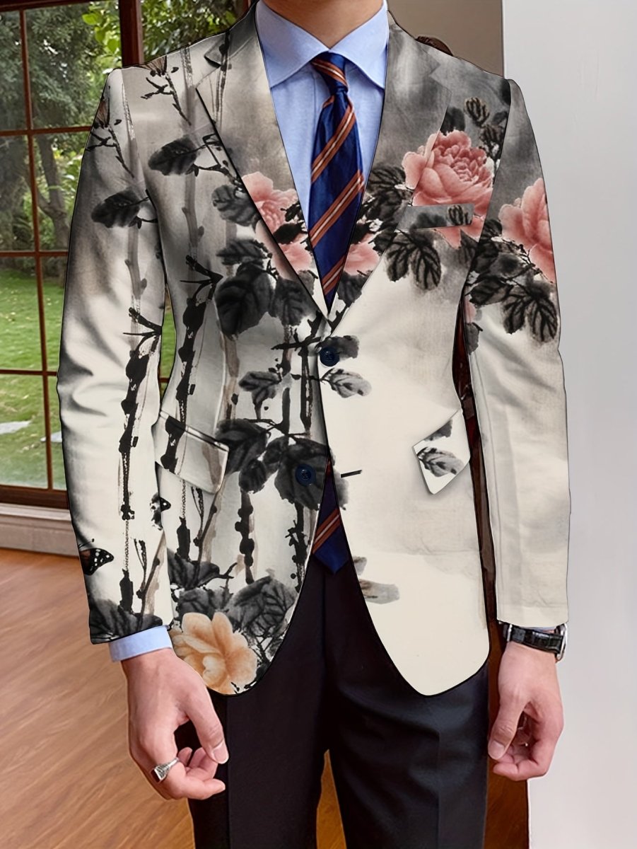 Elegant men's floral print blazer by SHOWLU FASHION, slim fit, single-breasted, long-sleeve jacket, suitable for casual and formal wear.