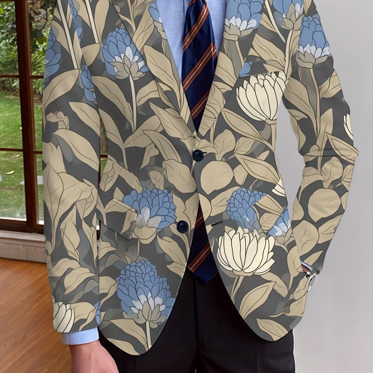 Men's SHOWLU FASHION floral print blazer, slim fit single-breasted jacket with long sleeves, ideal for casual or formal wear.