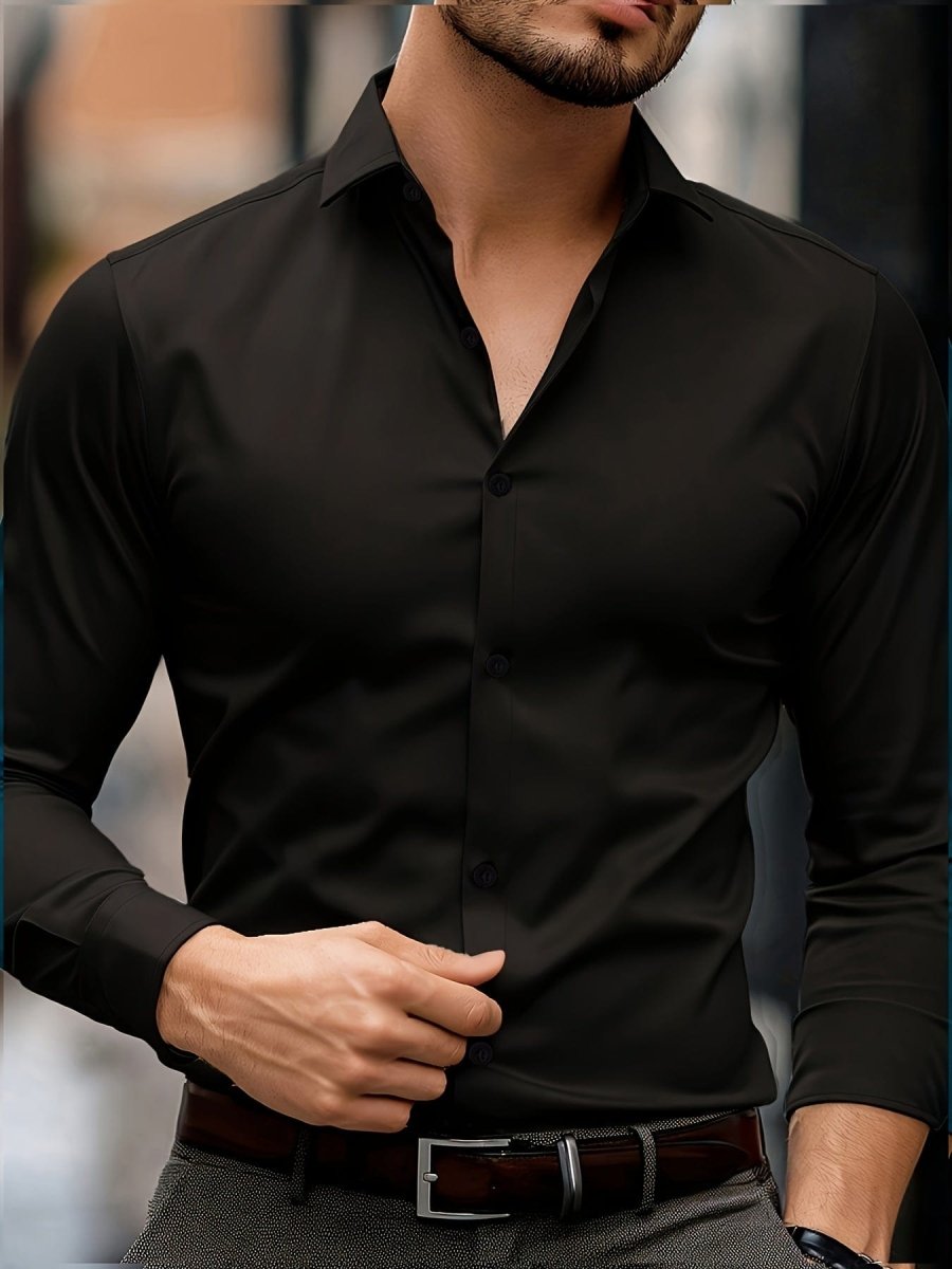 SHOWLU men's solid long sleeve polyester shirt with flap collar, regular fit, comfortable, machine washable, suitable for spring and fall.