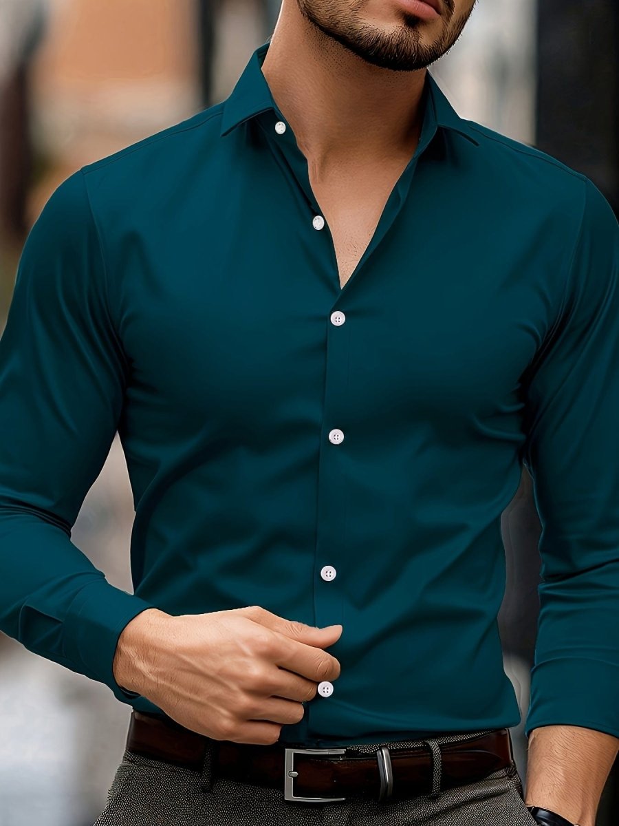 SHOWLU men's solid long sleeve shirt with lapel collar, regular fit, polyester fabric, suitable for spring and fall.