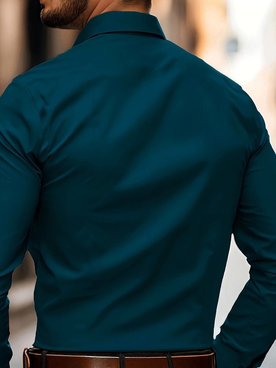 Men's solid long sleeve shirt by SHOWLU FASHION STORE, regular fit polyester top with lapel collar, suitable for spring and fall.
