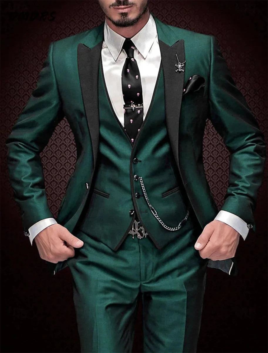 Black men's three-piece slim fit suit with pants, vest, and jacket, perfect for business or formal occasions, by SHOWLU FASHION STORE