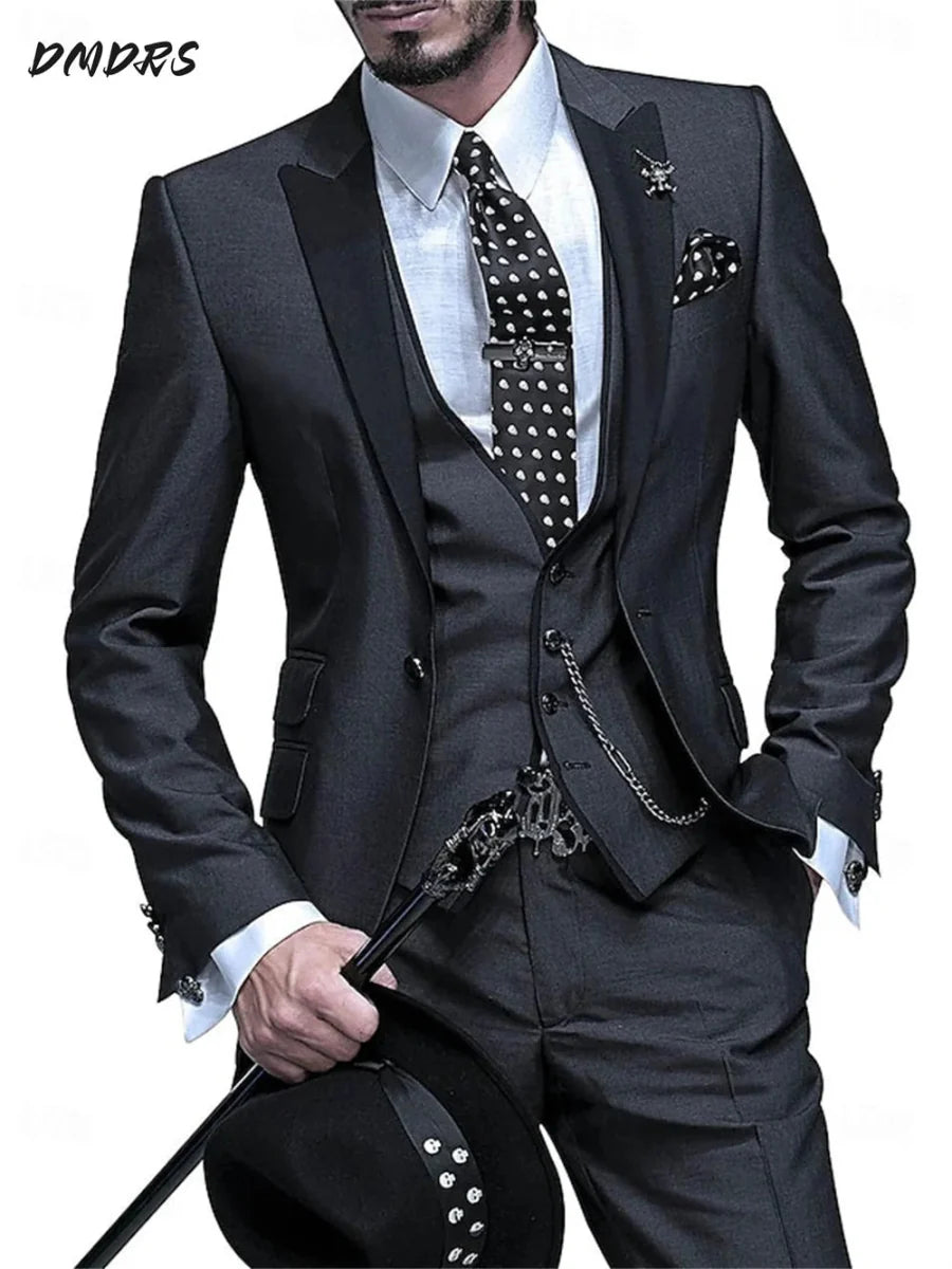 Elegant black men's three-piece suit with pants, vest, and jacket, perfect for business and formal occasions.