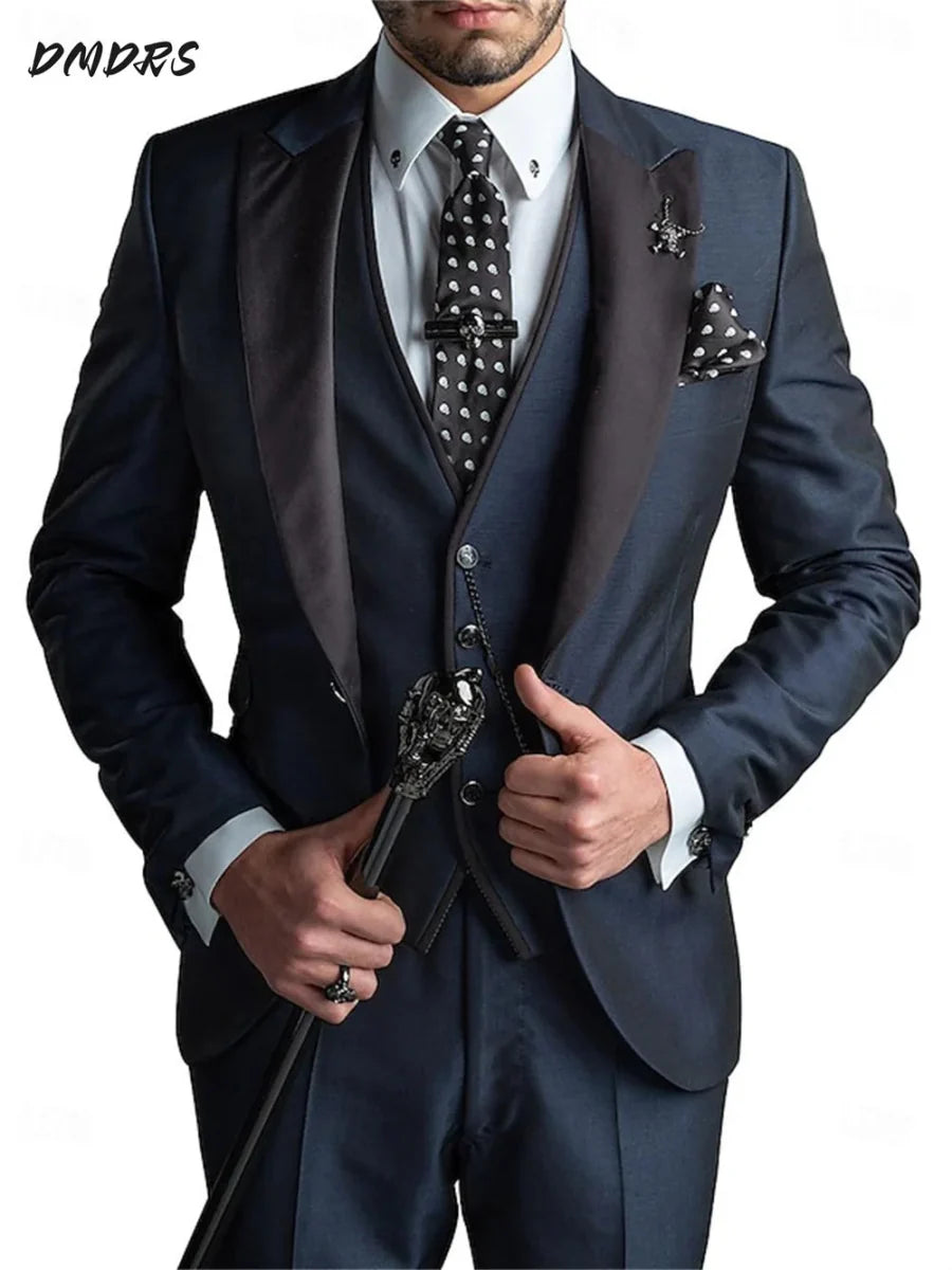 Elegant black men's three-piece slim fit suit with pants, vest, and jacket, perfect for business and formal occasions.
