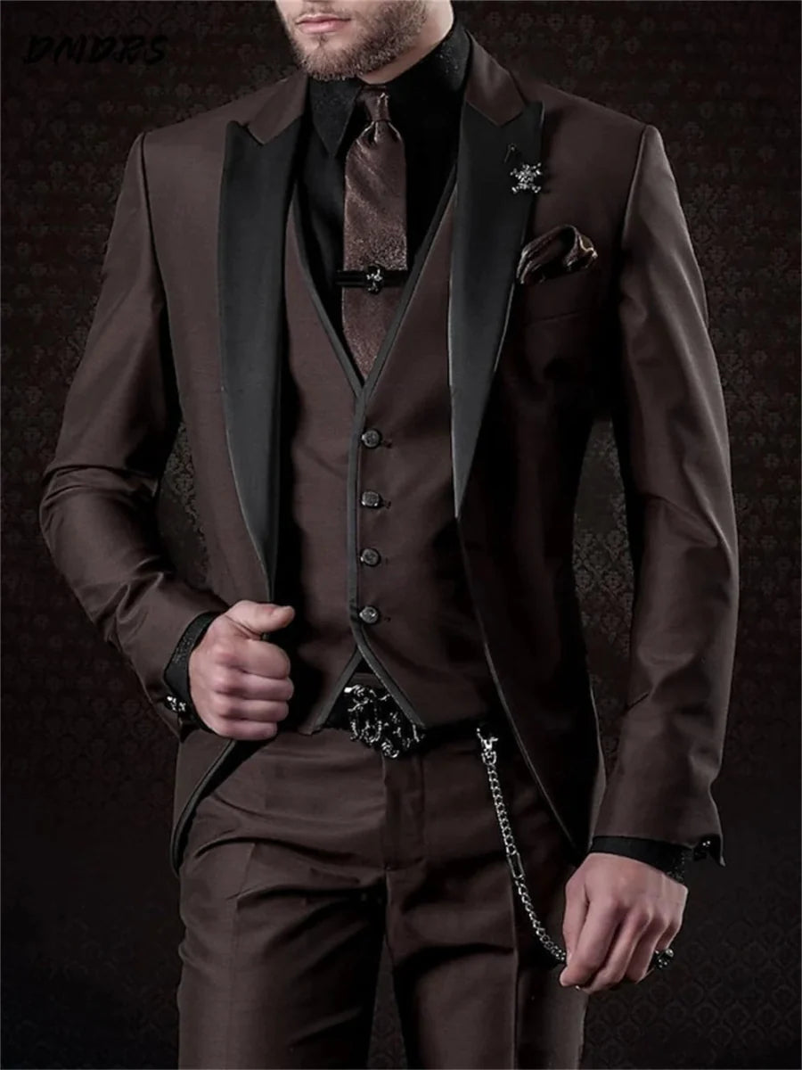 Black men's three-piece slim fit suit with pants, vest, and jacket, ideal for business or formal occasions, shown in elegant Western style.