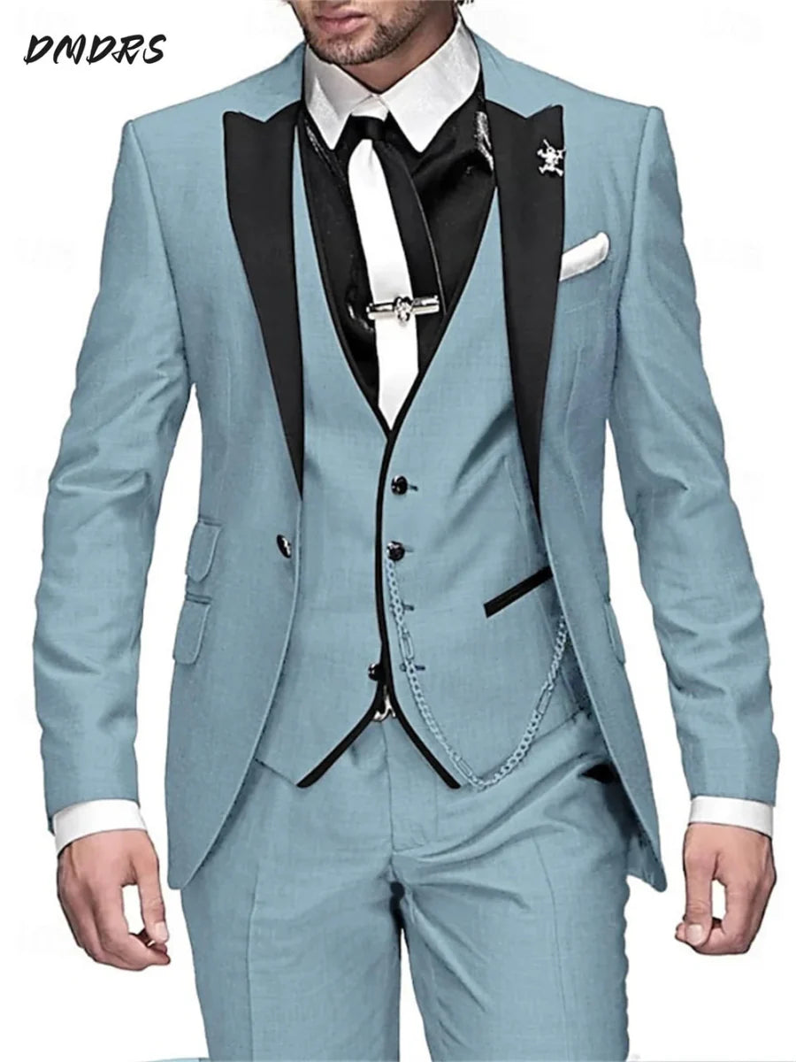 Elegant black men's three-piece suit with vest and pants, slim fit business attire, stylish Western-style suit for men.