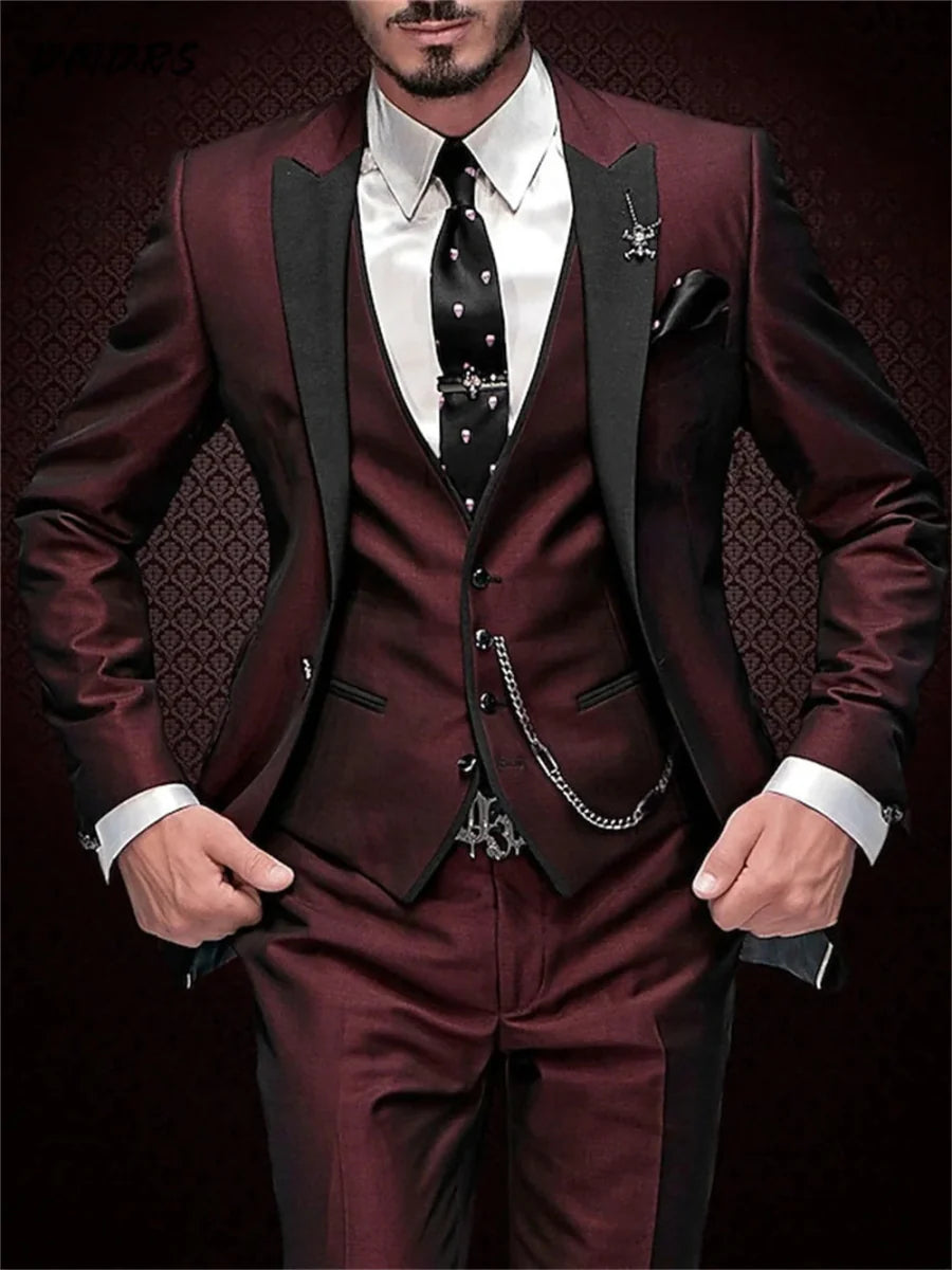 Elegant black men's three-piece suit including jacket, vest, and pants, tailored slim fit business attire for men.