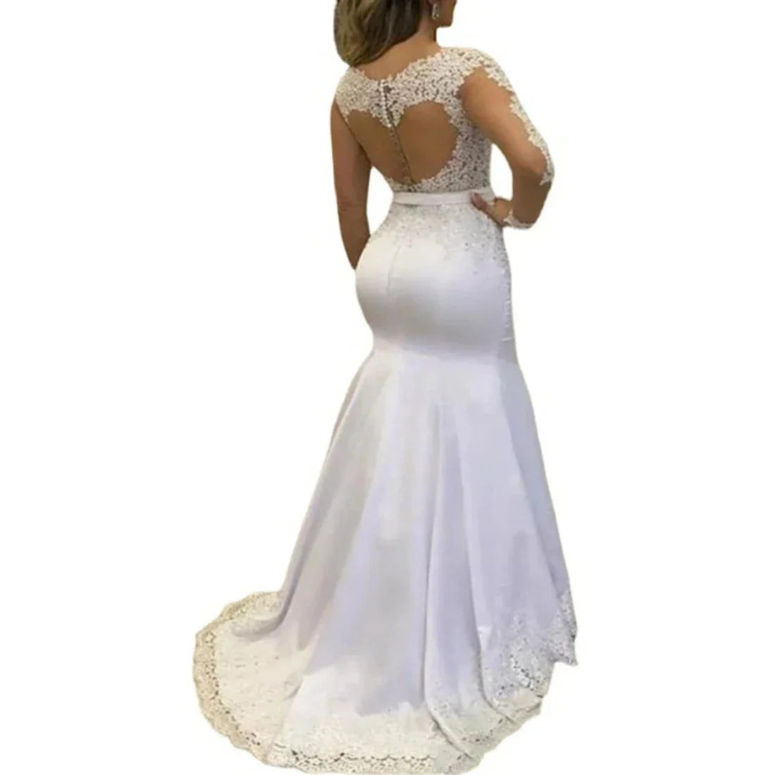 Elegant Noble Weiss Mermaid wedding dress with lace appliques, long sleeves, and an O-neck design, showcased in a stylish bridal image.