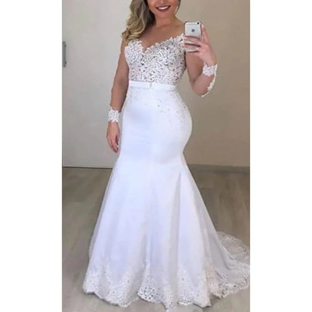Elegant Noble Weiss Mermaid wedding dress with lace appliques, long sleeves, and an O-neck design, featuring a fitted silhouette.