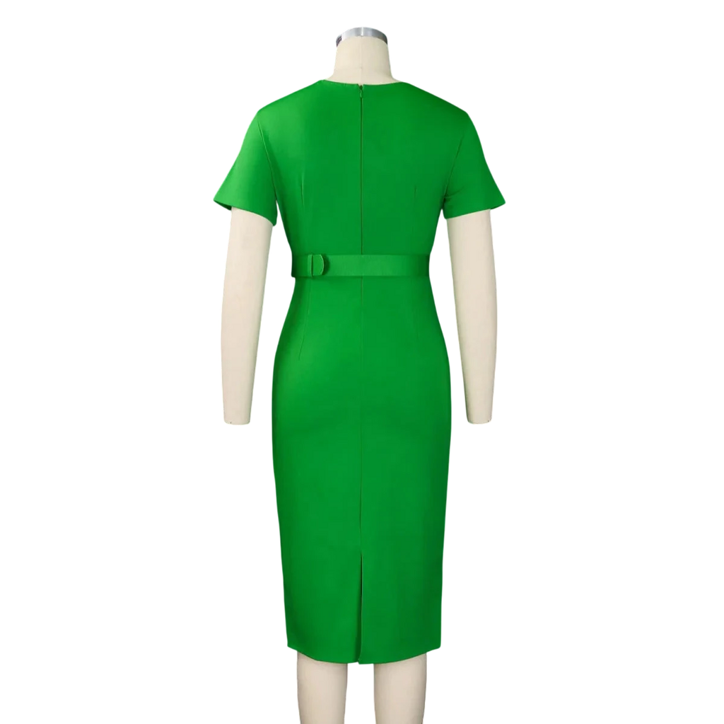 SHOWLU Women's V-Neck Short Sleeve Belted Office Midi Dress, elegant straight-cut business workwear with waist belt at mid-calf length.