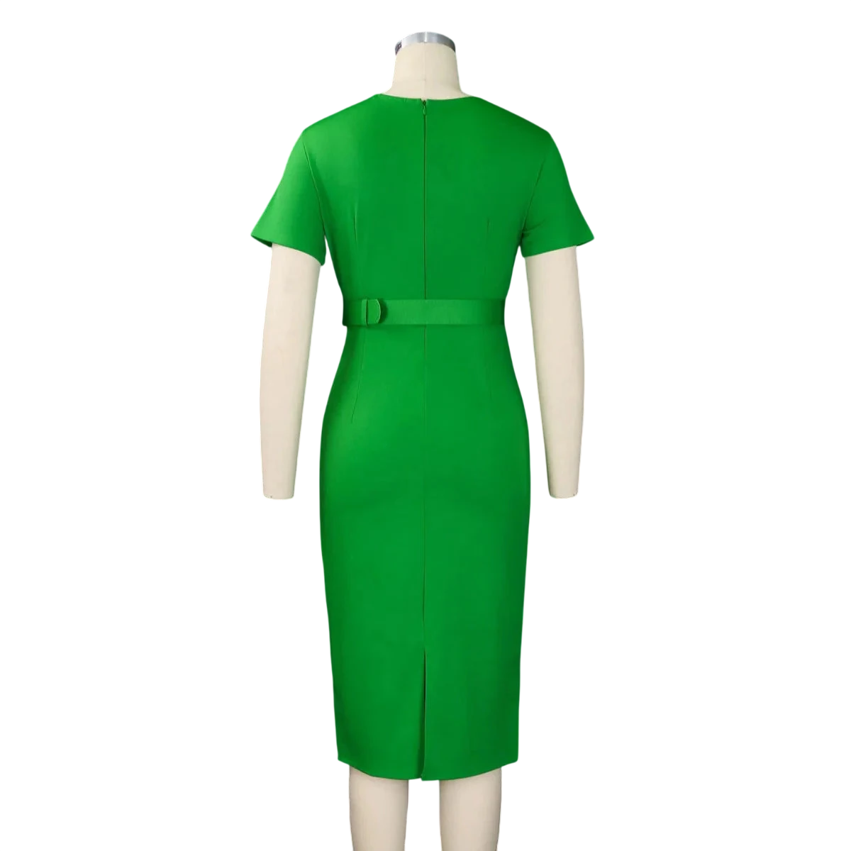 SHOWLU Women's V-Neck Short Sleeve Belted Office Midi Dress, elegant straight-cut business workwear with waist belt at mid-calf length.