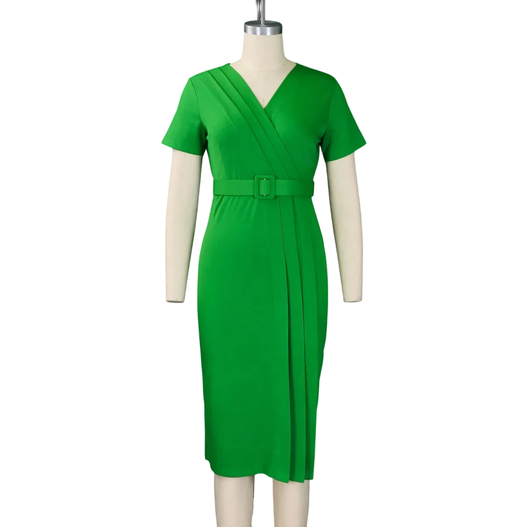 SHOWLU Women's V-Neck Short Sleeve Belted Office Midi Dress, elegant straight-waist formal dress for work or business occasions